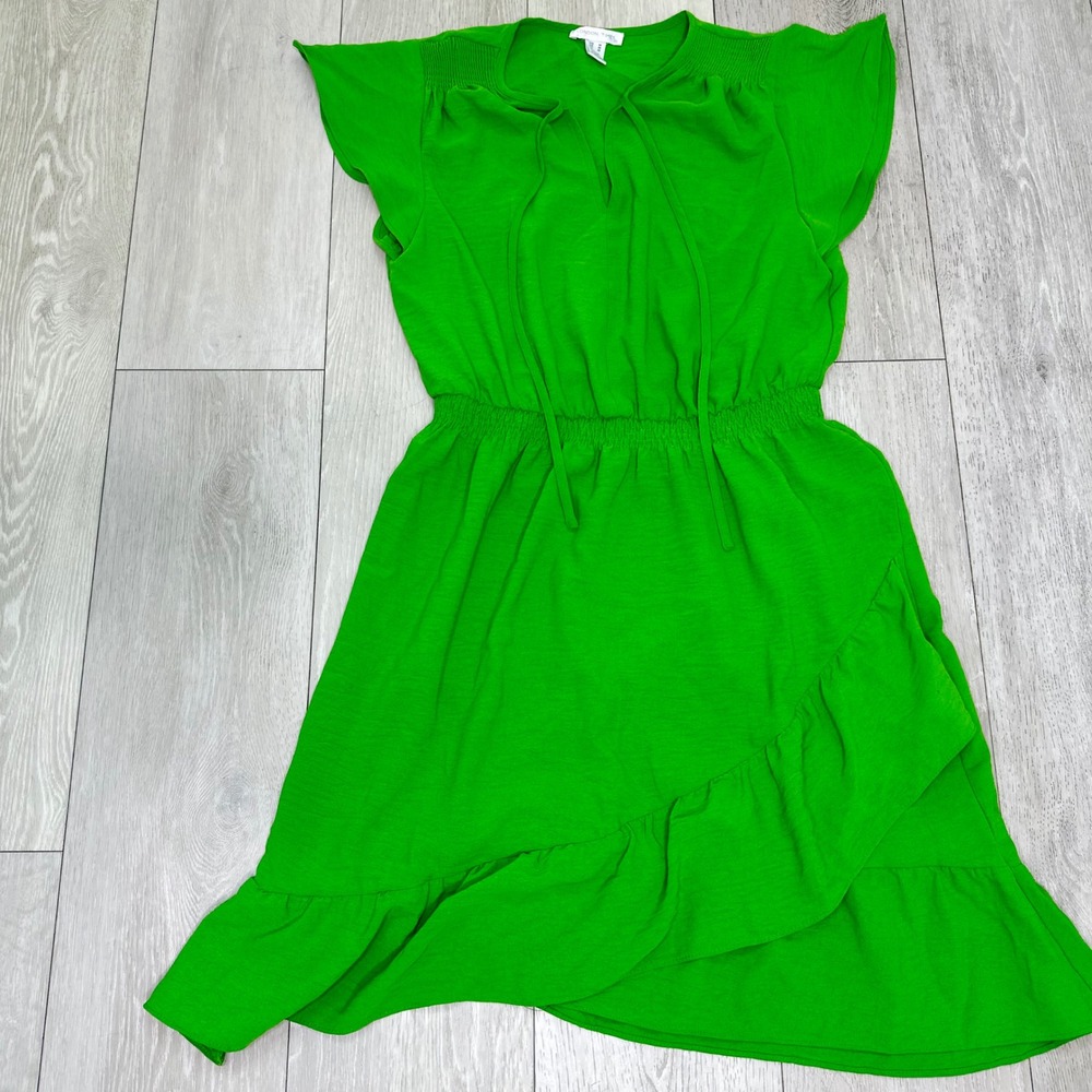 London times green mini smocked waist tie neck ruffle dress flutter medium - Picture 3 of 11